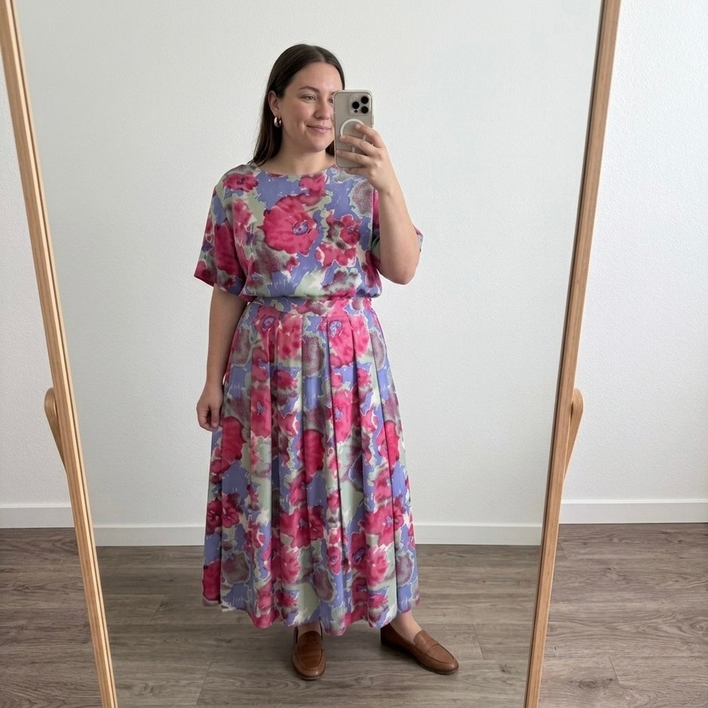 VTG Nordstrom 100% Silk 2 Piece Skirt Set 12 Floral Pink Purple Artsy Botanical